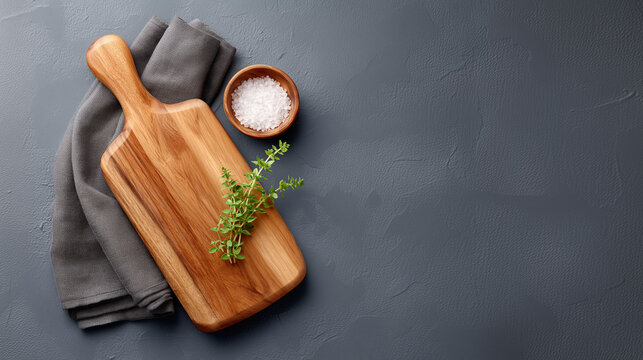 Culinary Composition: A rustic wooden cutting board is elegantly paired with fresh herbs, sea salt, and a cloth napkin, creating a serene and inviting still life of essential cooking elements.