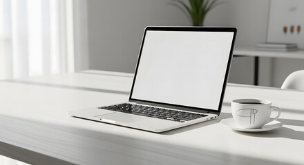 Fototapeta premium Modern minimalist workspace featuring a laptop with a blank screen and a coffee cup on a clean white desk, bathed in natural light