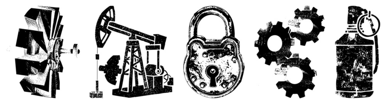 Set of mechanical including wind turbine, oil pumpjack, padlock, gears, and fire extinguisher, vector design, industrial equipment symbols.