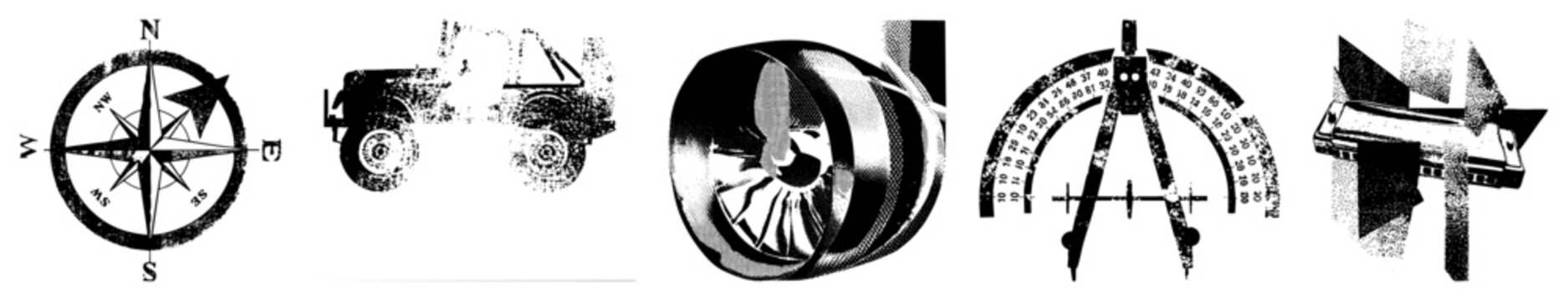 Five tools/ compass,, turbine, drafting compass, harmonica clean vector, transparent bg.