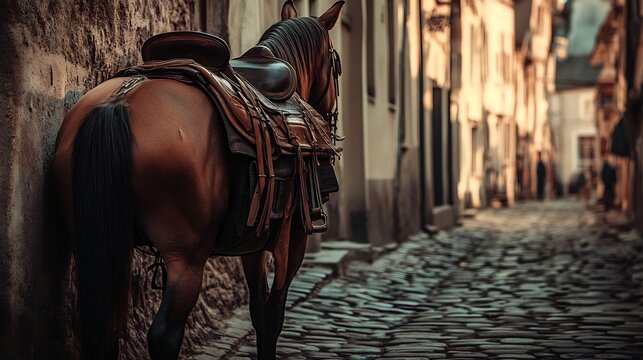 Vintage dandy horse with a wooden frame and leather saddle resting against a cobblestone street surrounded by historical buildings The scene evokes the charm of early transportation history