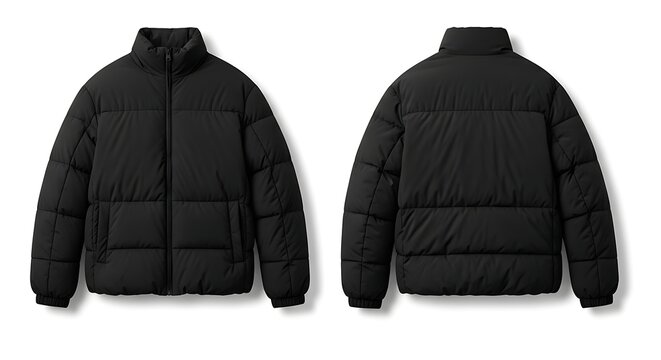 Black puffer jacket, front and back views