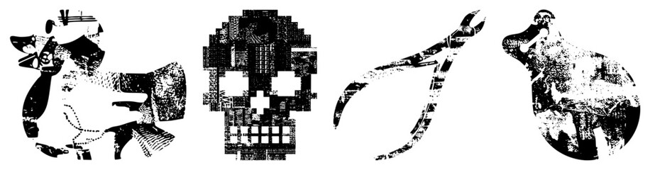 Obraz premium Four stylized black silhouettes pixel skull, duck, pliers, dog, rendered in halftone grunge texture, isolated vector art, design.