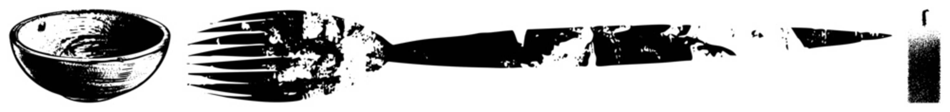 Rustic dinnerware set including bowl, fork, knife, candlestick, weathered surface, graphic, vintage tableware, antique cutlery.