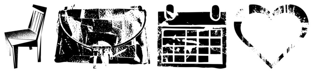 Obraz premium Four stylized rendered in halftone texture chair, briefcase, calendar, heart ideal for retro design, digital interfaces, or print. Flat vector symbols with distressed grain.