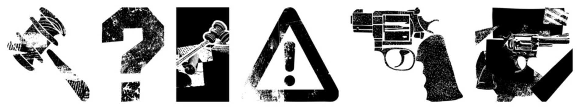 Distressed black and white gavel, question mark, money, warning triangle, revolver. Urban grit, legal themes, symbolic, vector cutouts.