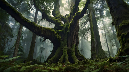 Fototapeta premium Ancient Moss Covered Tree in Mystical Forest