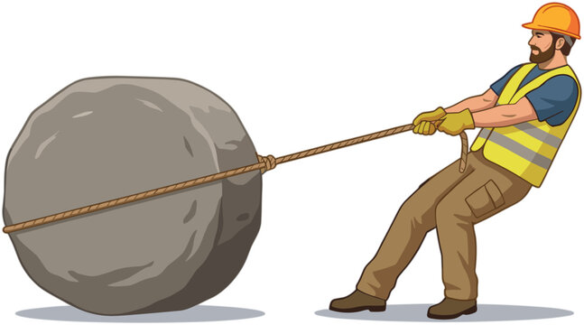 A construction worker pulling a large boulder with a rope on a building site.
