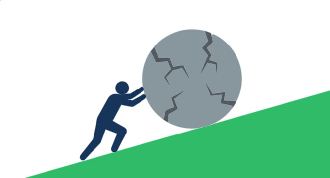 A person struggles to push a large cracked boulder up a green hill.