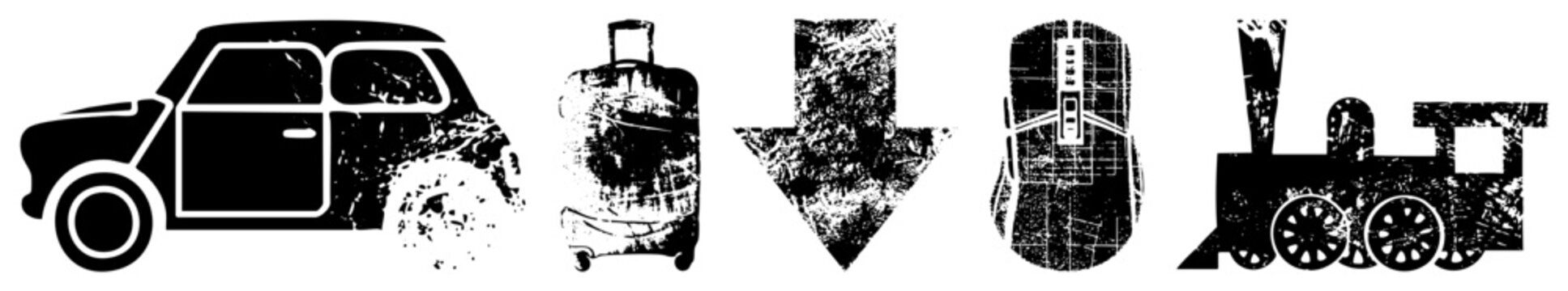 Retro travel including car, suitcase, downward arrow, computer mouse, train, distressed texture, vector design.