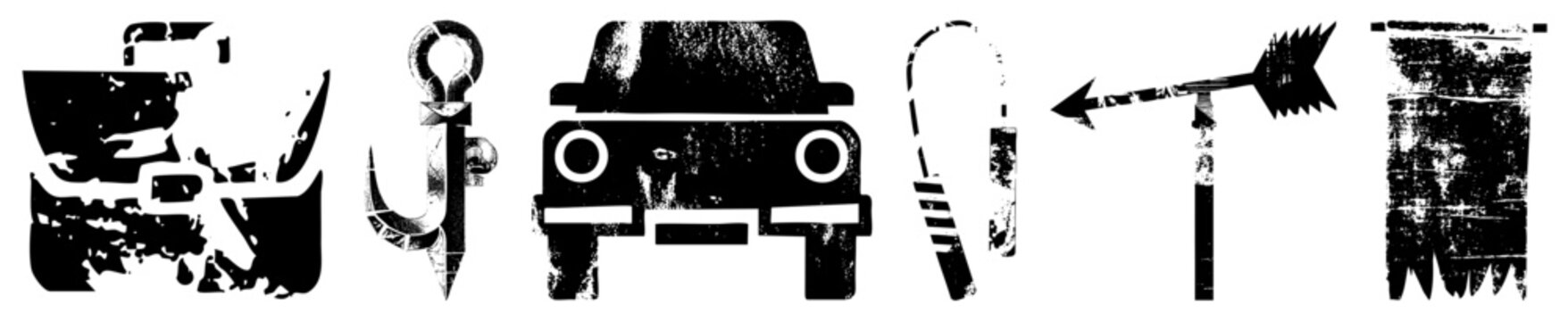 Grunge style vector of maritime, automotive, and directional symbols, distressed textures,, graphic design elements.