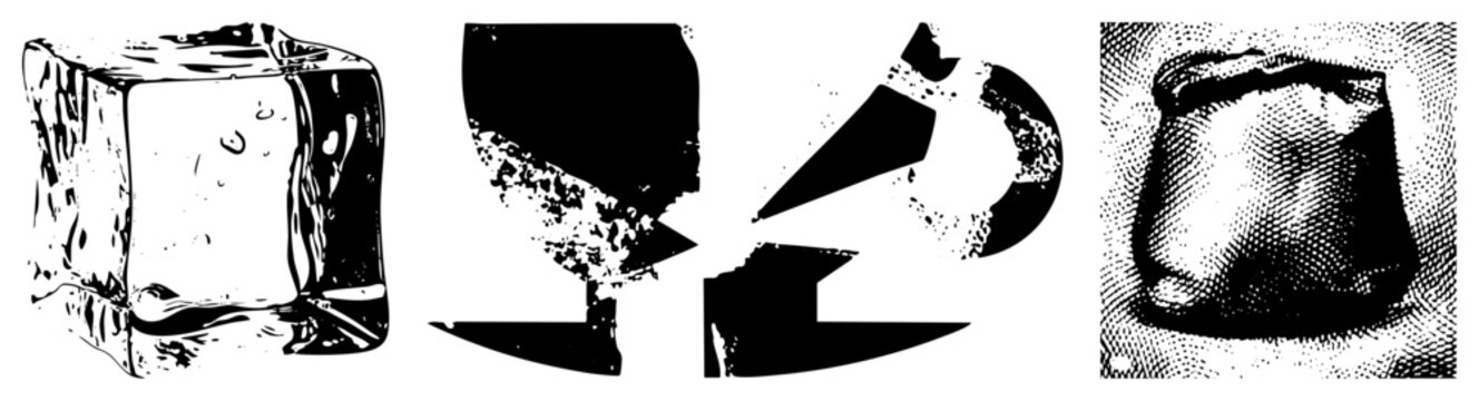 Cubic ice with condensation, halftone texture, abstract silhouette, and dotted shading vector for cold beverages, frozen treats, or refreshment themes.