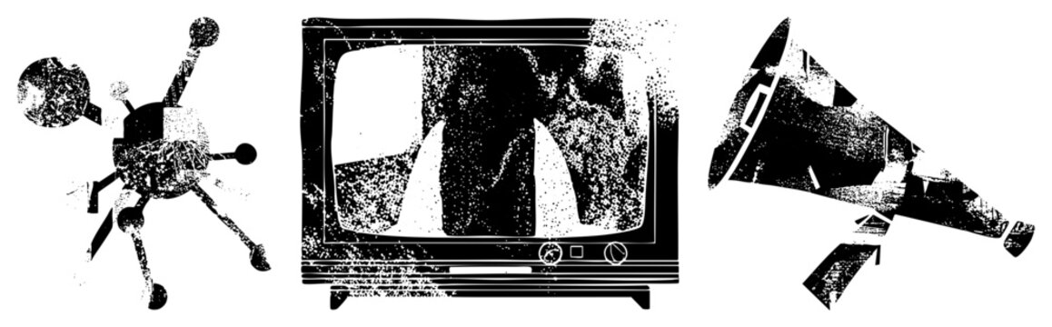 Retro TV broadcasting, satellite, megaphone announcement. Vintage communication tools, analog era tech, broadcast equipment, symbols, public address, satellite dish, TV set.