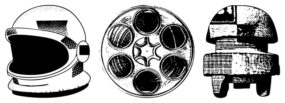 Retro futuristic astronaut helmet, antique revolver cylinder, sci fi spaceship pod, vector illustration, black and white, halftone texture, vintage design.