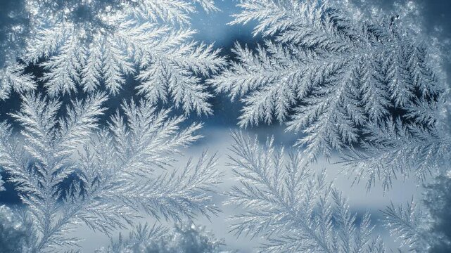 Delicate frost patterns adorn a window, overlooking a softly blurred winter landscape.
