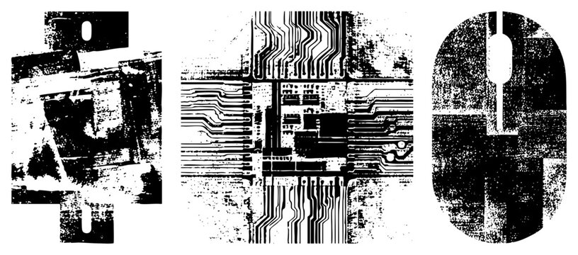 Stylized digital symbols rendered in gritty halftone, tech glyphs, circuit inspired shapes, vector abstraction, glitch art, digital.
