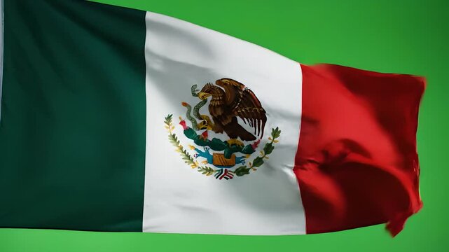 Bandera de M&eacute;xico ondeando majestuosamente sobre fondo verde croma. Ideal para celebraciones de Cinco de Mayo, marketing nacional, fiestas patrias y contenido hist&oacute;rico mexicano.