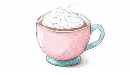 Cozy cup of rich hot chocolate topped with fluffy whipped cream and drizzle warm beverage delight chocolate cream comforting drink.