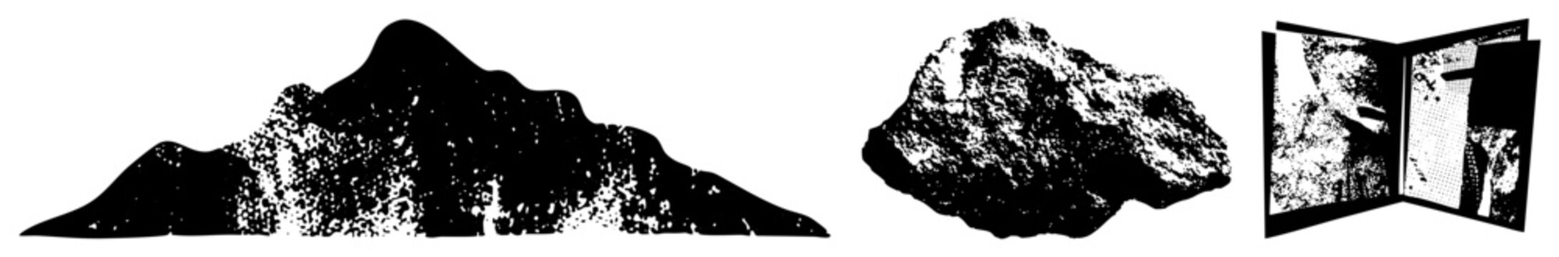 Silhouetted mountain peak, textured rock boulder, open book with halftone pages all vectorized,, stylized shapes.