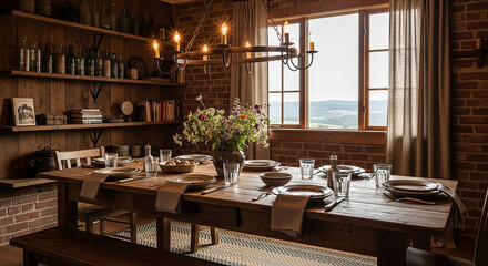 Fototapeta premium Rustic dining room with wooden table and brick walls wooden chairs