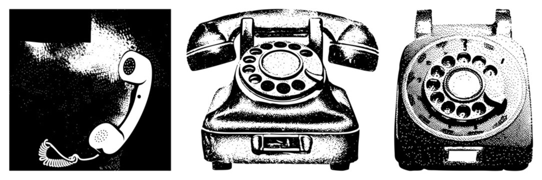 Classic rotary phone, vintage communication device, analog dialer, retro telephone, black and white halftone illustration, mid century design.