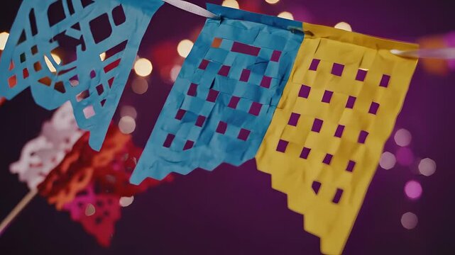 Papel picado tradicional ondeando sobre fondo p&uacute;rpura con luces bokeh, decoraci&oacute;n vibrante para Cinco de Mayo, D&iacute;a de los Muertos y celebraciones de herencia hispana y mexicana.