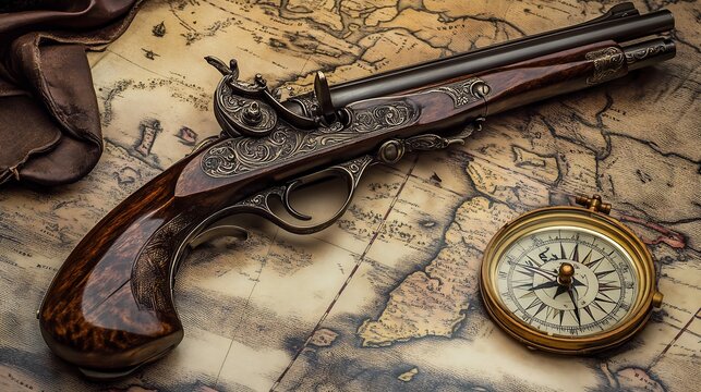 Vintage flintlock pistol with ornate detailing placed on an old map with an antique compass capturing the mystique of historical exploration and pirate lore