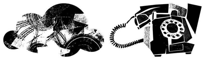 Obraz premium Stylized vintage rotary phone and speaker graphic, halftone texture, vector art, communication symbols, black and white design.