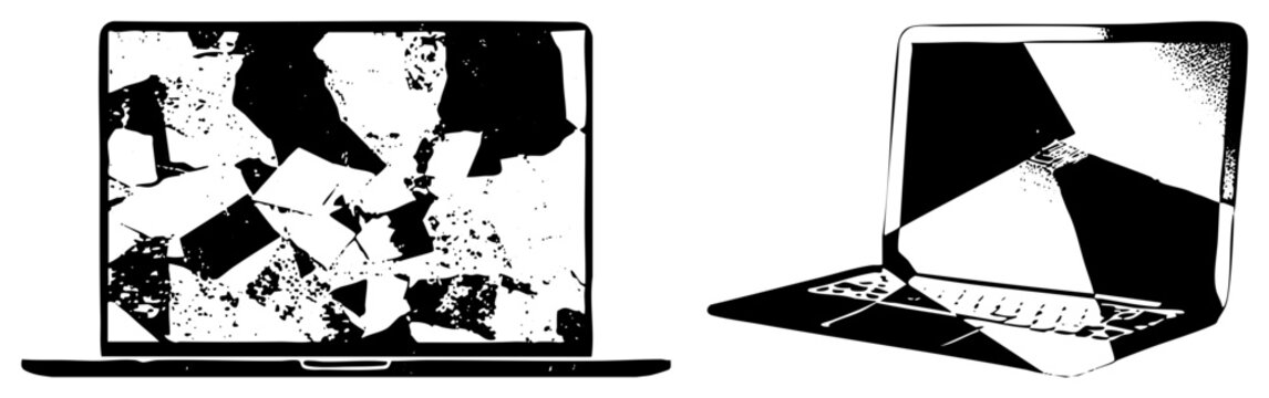 Laptop with shattered screen, fragmented display, broken monitor, digital device damage, tech malfunction, pixelated screen, electronic repair need.