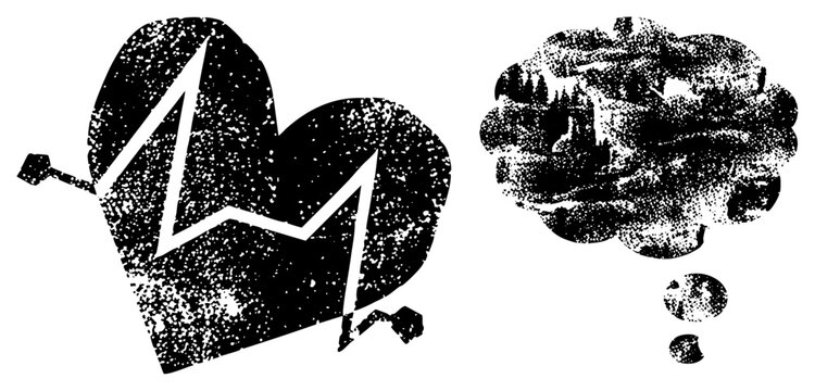 Heart symbol shattered by jagged lightning, paired with thought bubble showing forest landscape, halftone texture, emotional graphic, vector art.