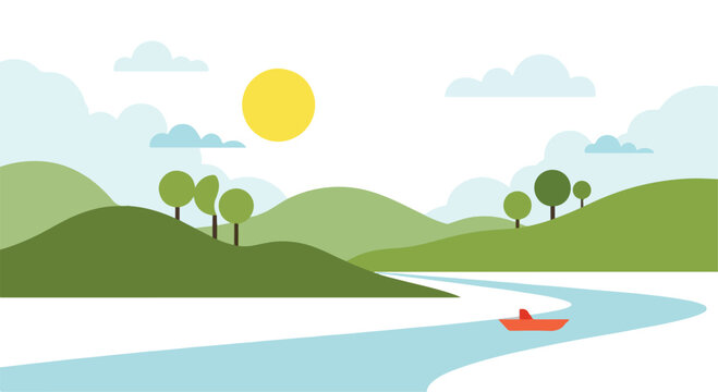Flat Design Green Hills Landscape with River and Boat Vector Illustration