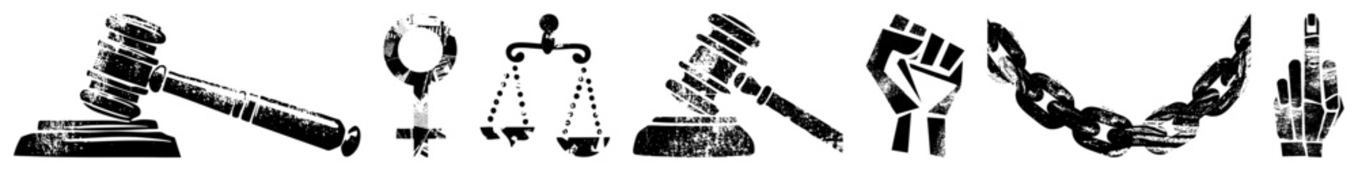 Naklejka premium Graphic representing justice,, and resistance gavel, gender symbol, scales, raised fist, chain, middle finger. Bold, distressed vector style.
