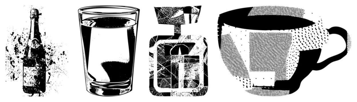 Champagne bottle, water glass, perfume bottle, and coffee mug rendered in bold halftone, isolated vector graphics, stylized drink containers, design elements.