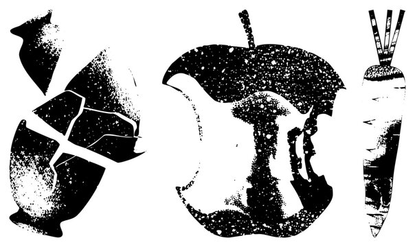 Broken mug with, bitten core, carrot with greens all rendered in halftone dot texture, black and white vector art, isolated food and drink.