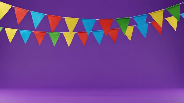 Banderines de colores ondeando sobre fondo p&uacute;rpura, guirnaldas festivas para celebraci&oacute;n de Cinco de Mayo, decoraci&oacute;n alegre para eventos y anuncios de marketing mexicano.