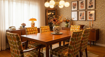 Fototapeta premium Vintage Dining Room with Wooden Table and Patterned Chairs floral curtains