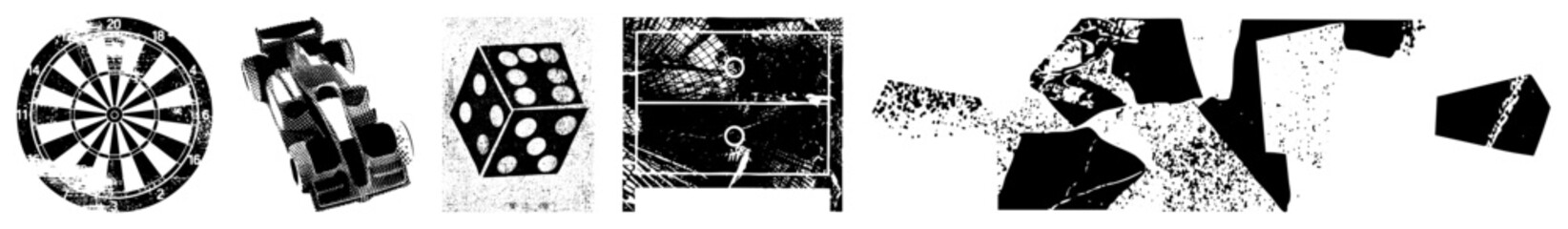 Obraz premium Fragmented polygonal forms with halftone noise, abstract composition, digital vector art, graphic design elements, isolated shapes.