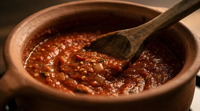 Fresh spicy red salsa being stirred with a wooden spoon in a traditional clay pot.