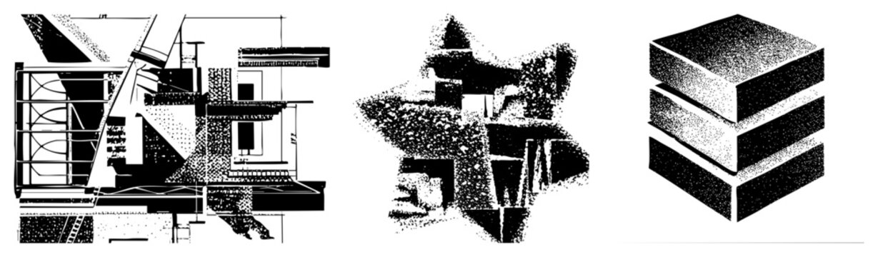 Geometric architectural sketch with halftone star, isometric block stack, technical blueprint, vector graphic, design, technical drawing style, abstract composition.