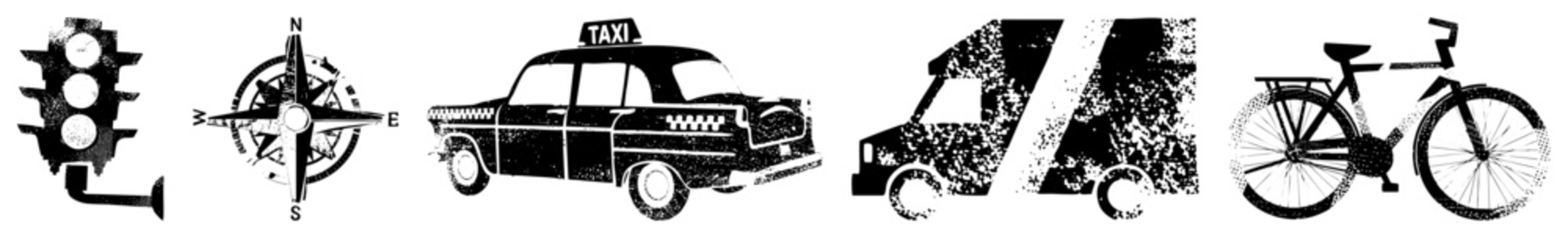 Retro taxi and bicycle rendered in gritty halftone style, isolated transport, urban mobility symbols, stylized vector graphics.