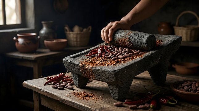 Traditional hand grinding of cocoa beans and dried chilies on a stone metate in Mexico.