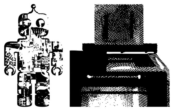 Classic mechanical robot toy with pixelated texture, retro computer monitor with halftone shading, vector art, digital nostalgia, black and white graphic design.