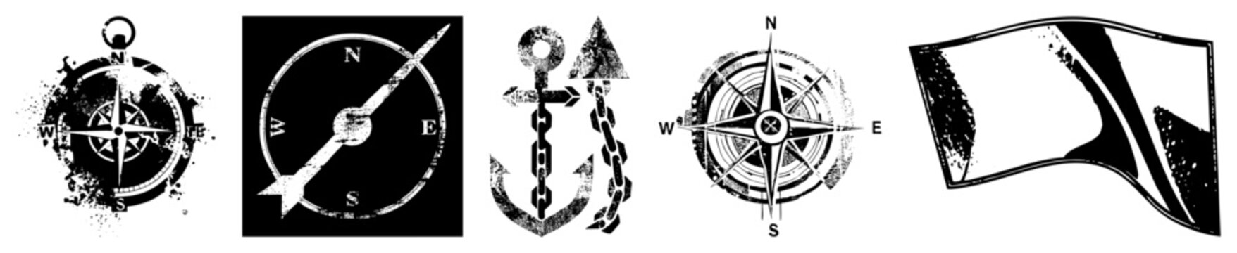 Vintage compasses with cardinal directions, nautical anchor with chain, maritime navigation, sailor tools, sea symbols.
