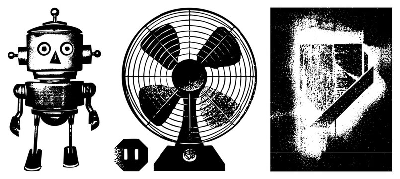 Vintage robot toy, oscillating fan with grille, halftone textured abstract design, vector, illustration, isolated foreground elements.