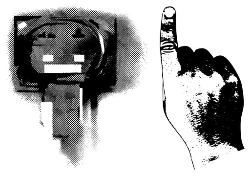 Retro camera with halftone shading, pointing finger gesture, graphic design element, vector art, black and white illustration, punk rock symbol, isolated cutout.