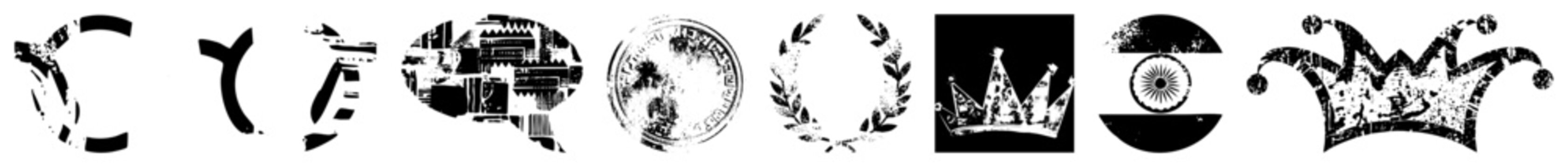 Distressed black monogram letters, laurel wreath, crown, Indian flag emblem, stylized jester hat, graphic design elements with gritty texture, isolated vector.