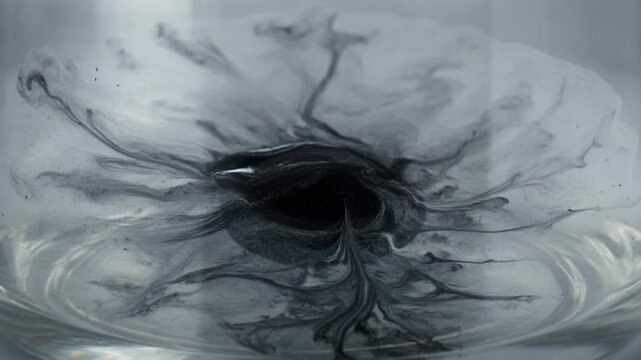 A dark liquid swirls and spreads in a circular motion within a transparent container on a surface.
