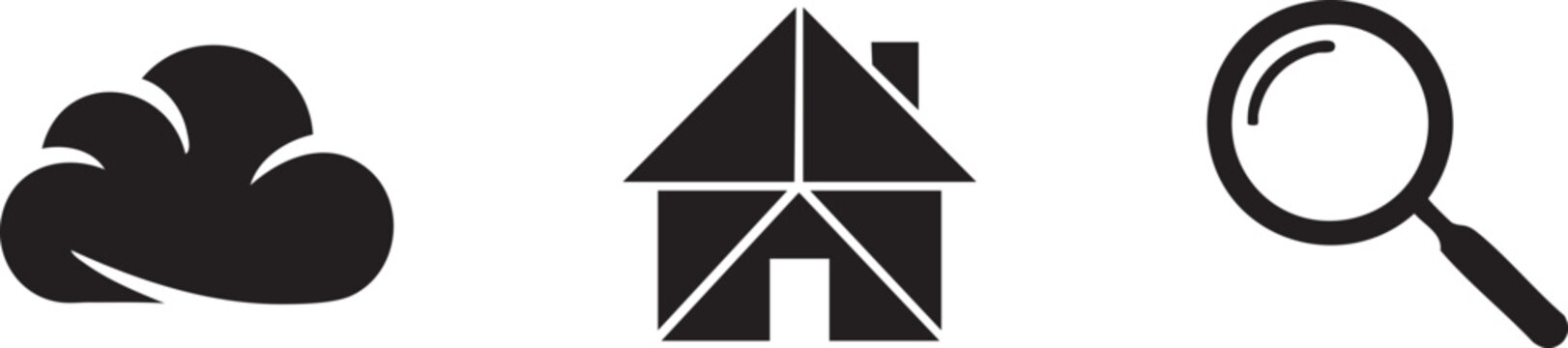 Black, modern, simple icons, cloud, house, magnifying glass, search symbols, vector graphics