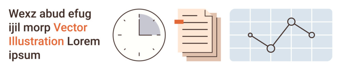 Time tracking, productivity tools, data analytics, workflow management, information storage, and scheduling. Clock, file documents and line chart icons. Time tracking and productivity tools concept © robu_s