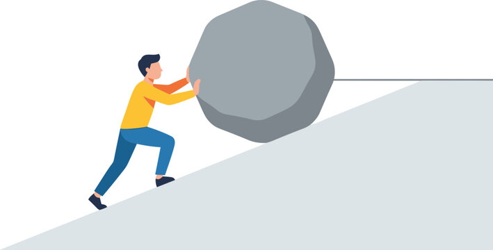 Man pushing large boulder up steep hill with effort and determination